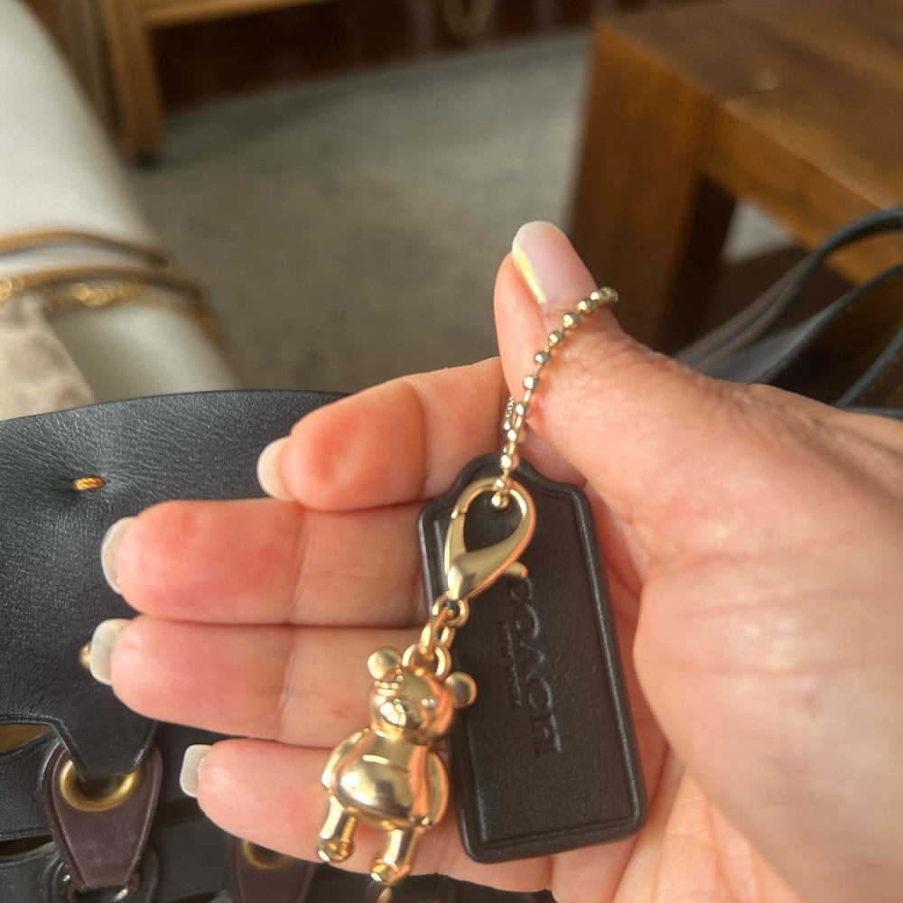 Coach Black Leather Charm with Gold Bear and Tag